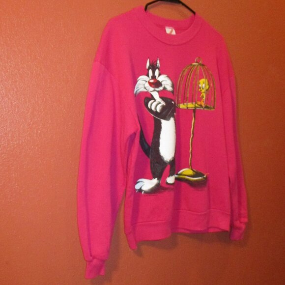 Looney Tunes Tweety Sylvester Cat Vintage 93 Woman Large Pink Black Sweatshirt - Picture 3 of 9